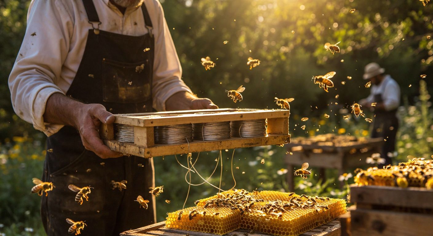 A beekeeper in a sunlit Turkish apiary holds two spools of wire and a wooden frame, surrounded by buzzing bees and golden honeycombs.