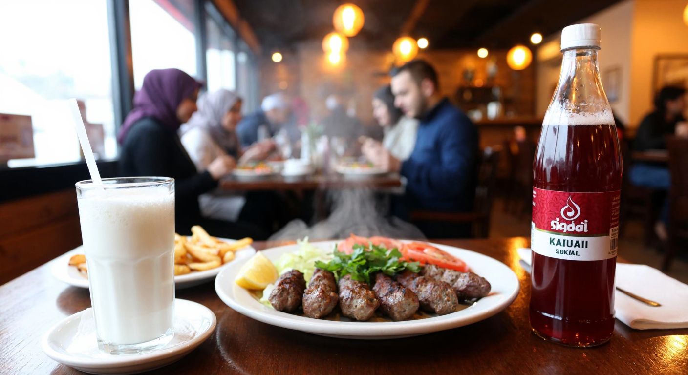 A cozy Turkish kebab restaurant with a steaming plate of kebabs, a glass of frothy ayran, and a bottle of şalgam on a wooden table, surrounded by warm lighting and happy diners in traditional attire.