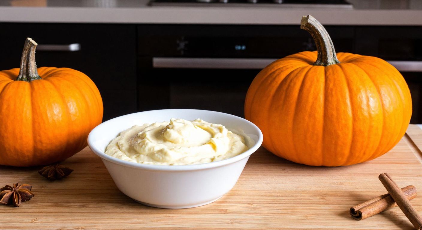 A warm, golden-orange pumpkin being chopped on a wooden kitchen counter next to a bowl of creamy cheesecake filling, with a rustic Turkish kitchen backdrop and the inviting aroma of cinnamon in the air.