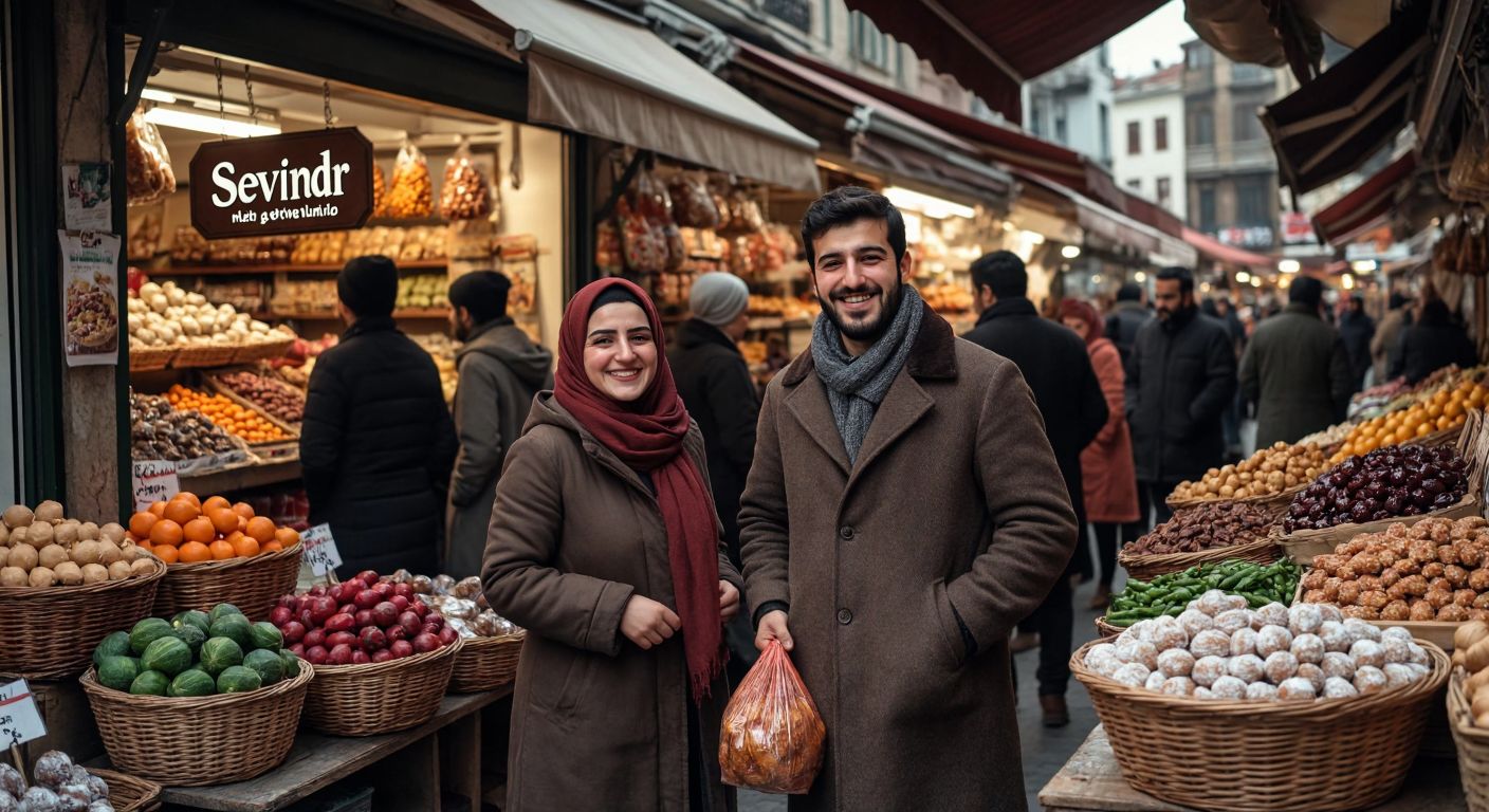 A warm, bustling Turkish marketplace with people smiling as they donate to a charity booth labeled "Sevindir," surrounded by baskets of fresh produce and traditional sweets.