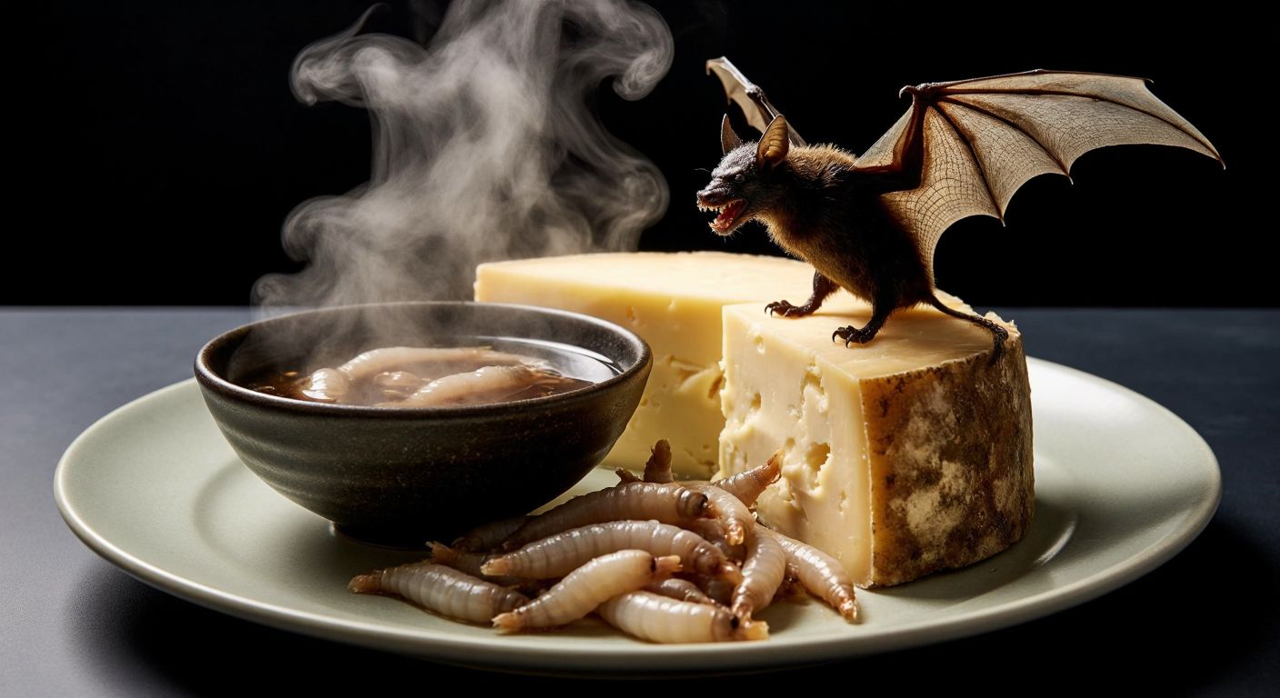 A close-up of a plate with wriggling maggots in a creamy cheese, a chunk of fermented shark meat emitting fumes, and a bowl of dark soup with a bat wing floating in it, evoking disgust and curiosity.