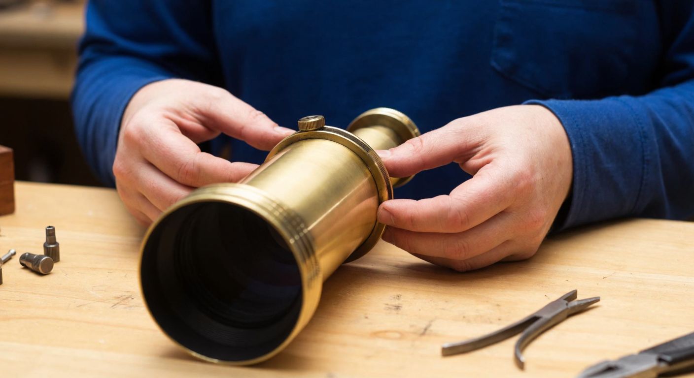 A close-up of a pair of hands carefully removing a convex lens from a brass telescope on a wooden workbench, with small tools scattered nearby and a focused expression on the person's face.