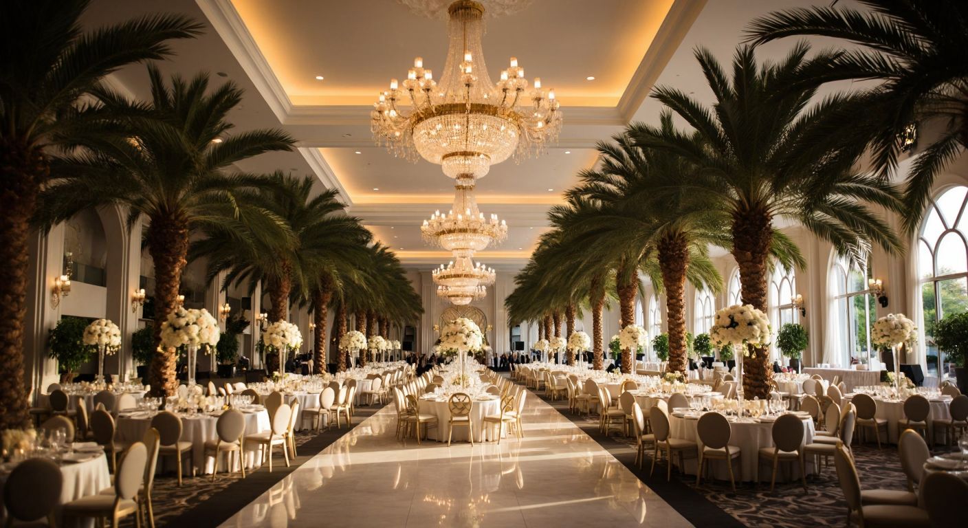 A grand wedding hall in Turkey with elegant chandeliers, long banquet tables set for hundreds of guests, and lush palm tree decorations, evoking a luxurious and spacious atmosphere.