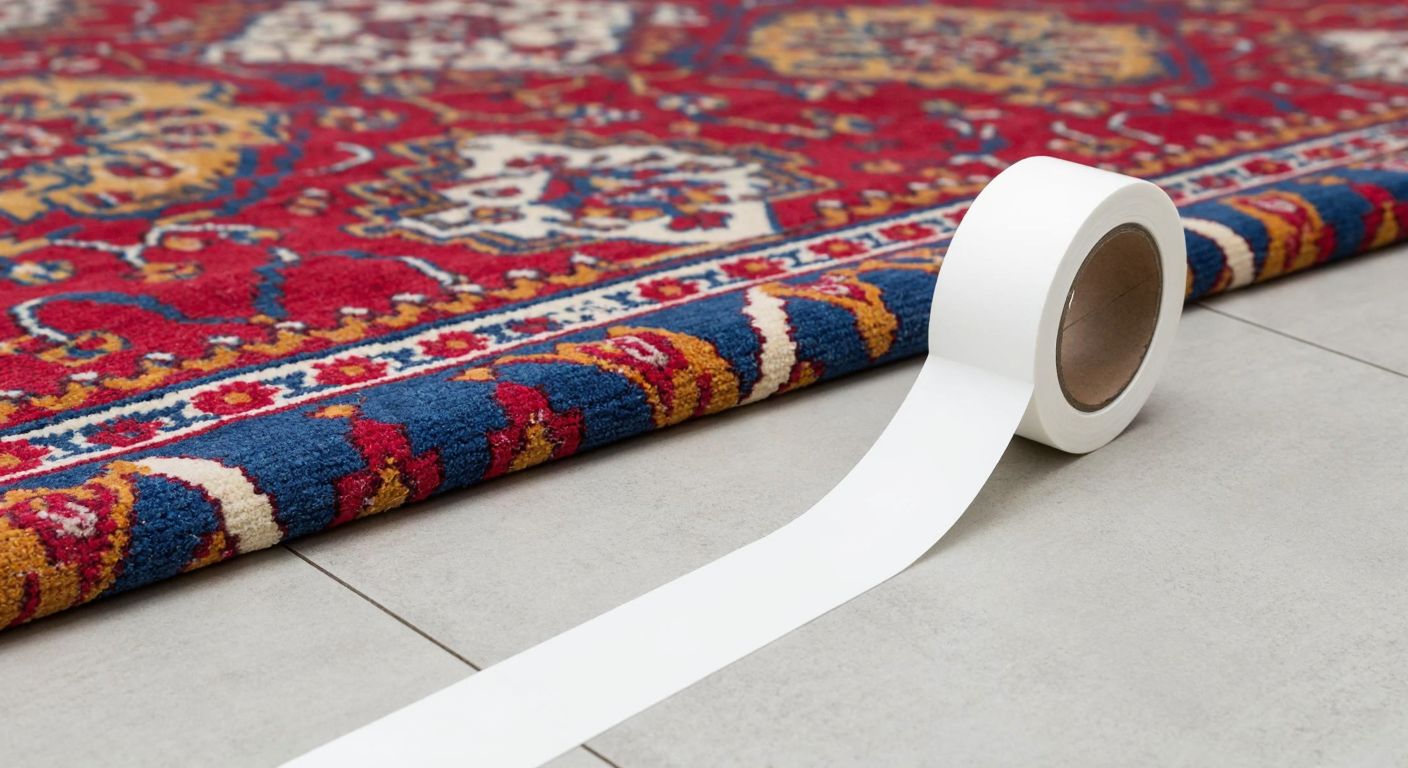 A close-up of a Turkish-style patterned carpet lying flat on a tiled floor, with a roll of double-sided adhesive tape partially unrolled beside it, ready to secure the edges.