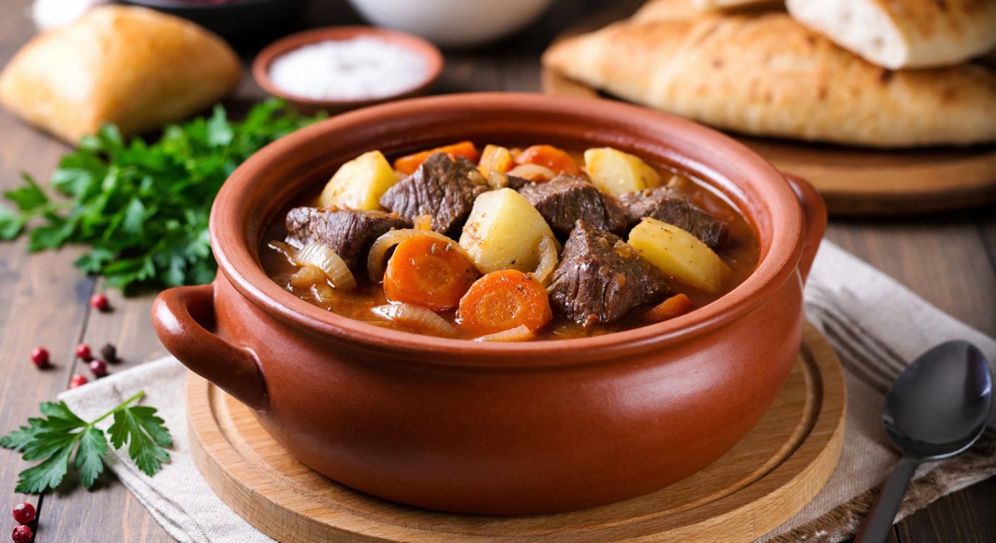 A steaming clay pot of tender beef stew with carrots, onions, and potatoes, resting on a wooden table in a cozy Turkish kitchen, surrounded by fresh herbs and warm bread.