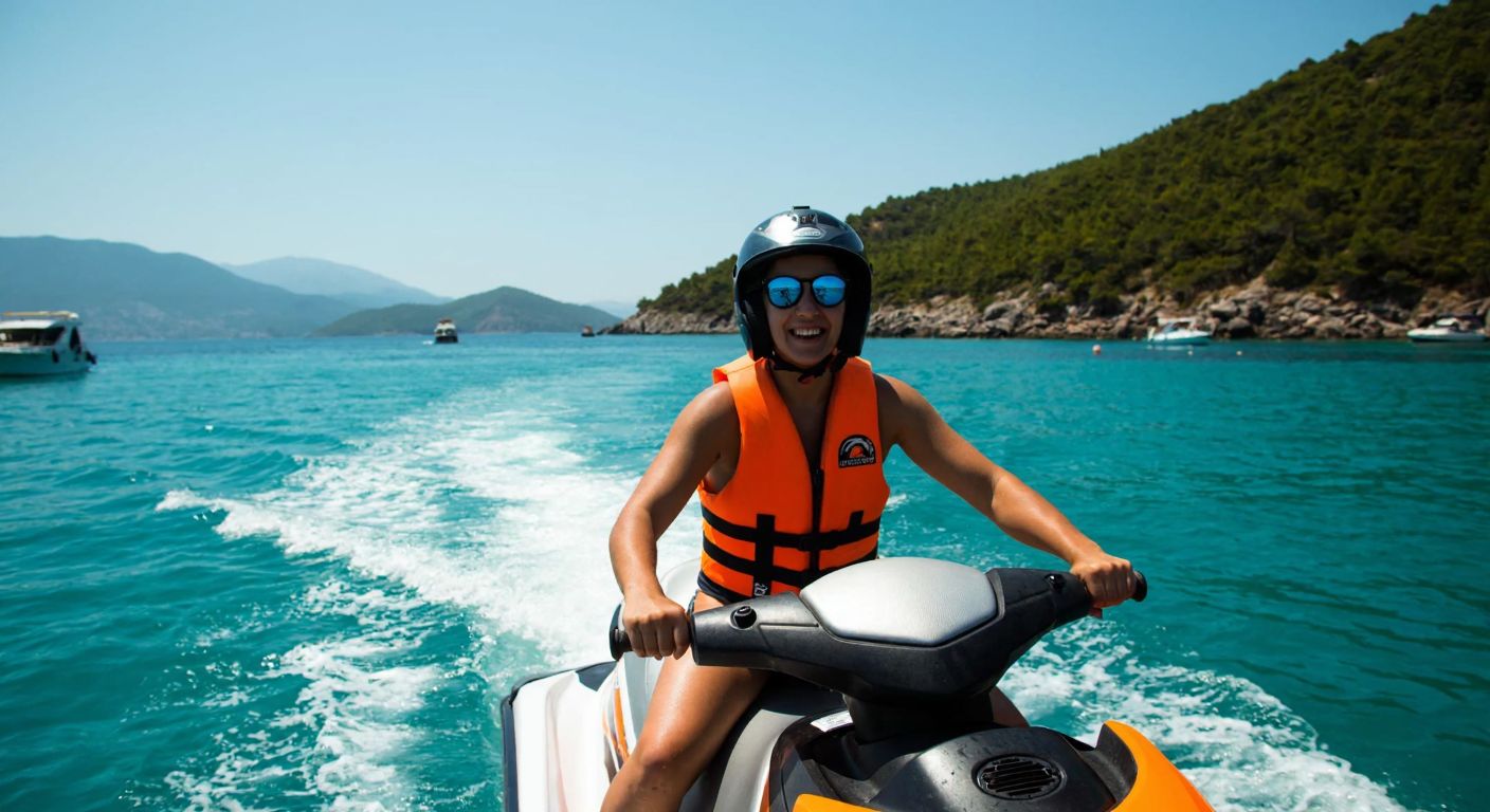 A sunlit Turkish coastline with a smiling person wearing a bright orange life jacket and a helmet, riding a jet ski while securely attached to the safety lanyard, with calm turquoise waters and distant boats maintaining a safe distance.
