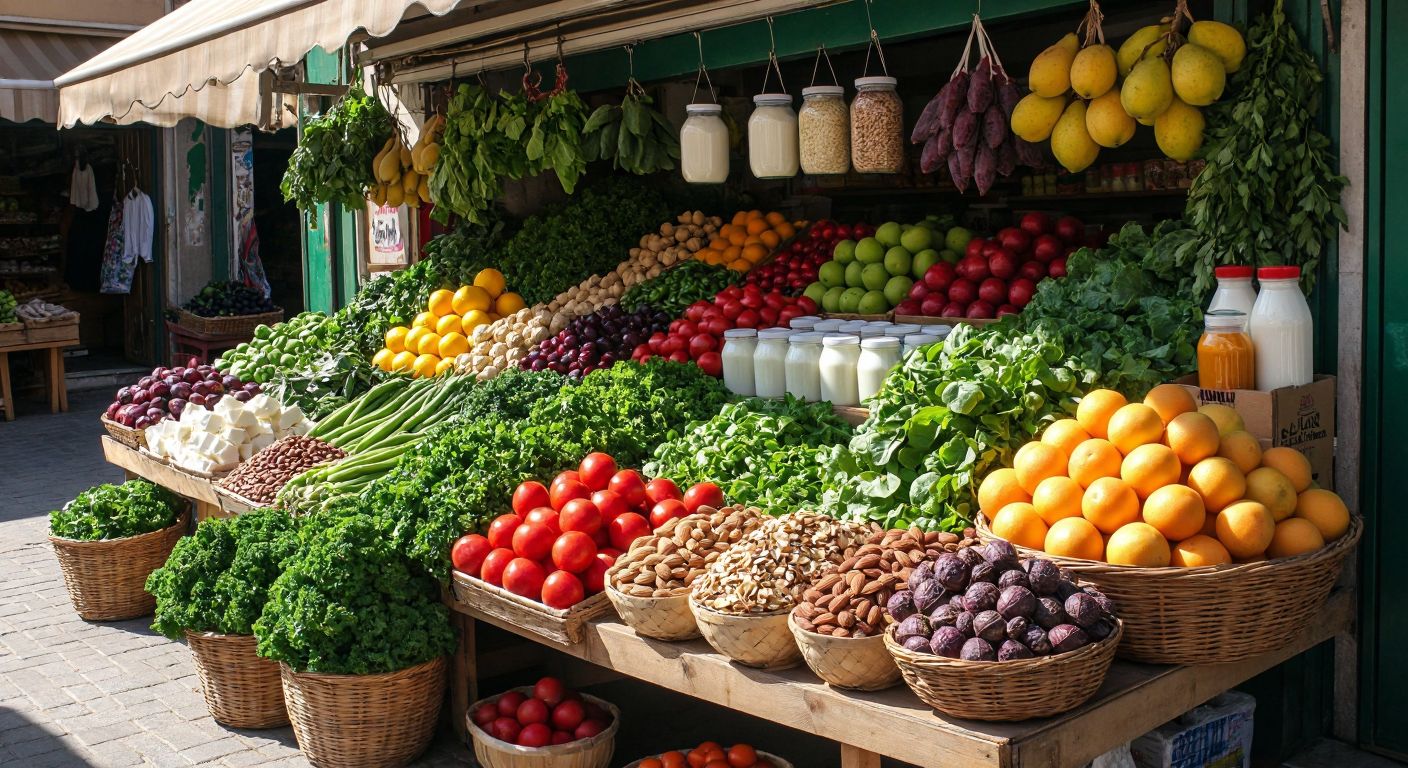 A vibrant Turkish market stall overflowing with fresh green leafy vegetables, ripe fruits, nuts, seeds, and dairy products like yogurt and milk, arranged neatly under warm sunlight.