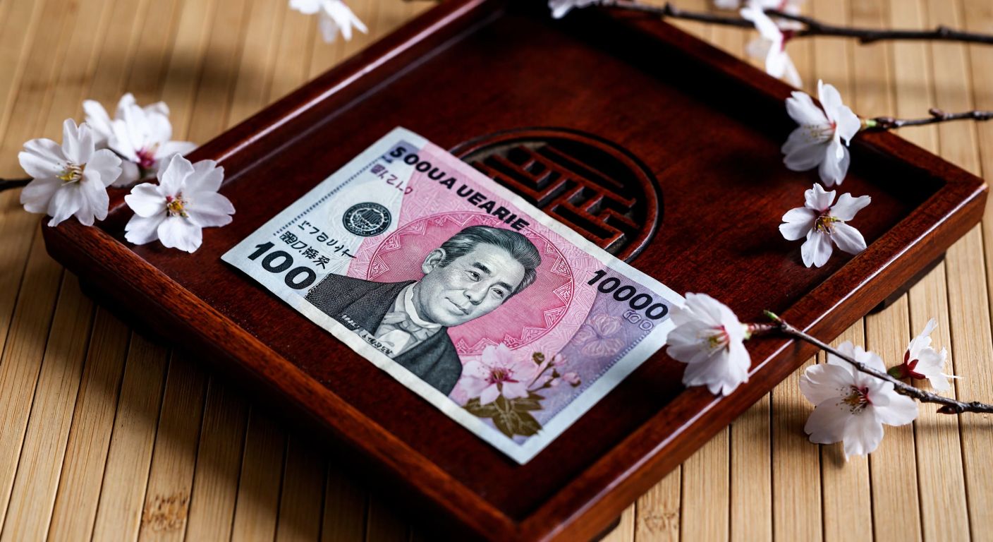 A close-up of a crisp 10,000 yen banknote resting on a traditional Japanese wooden table, with cherry blossom petals scattered around it.