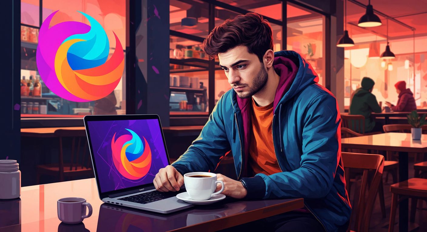 A person in a modern Turkish café, frowning slightly at a laptop screen displaying abstract colorful logo designs, with a steaming cup of Turkish coffee beside them.