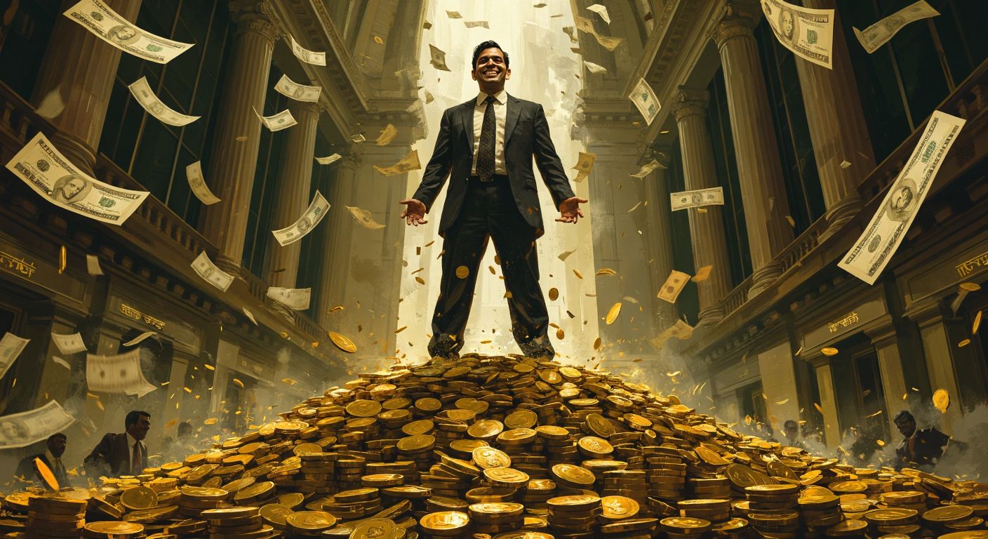 A shadowy figure in a sharp suit stands atop a towering pile of gold coins, grinning smugly while crumbling bank receipts flutter around him, with a chaotic stock exchange floor visible below.  

(Note: The context is Indian, not Turkish, as Harshad Mehta was an Indian stockbroker involved in a financial scandal in India.)