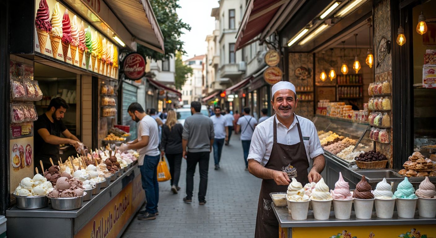 A bustling Turkish street scene with two distinct ice cream shops—one in Mersin with a pastane displaying colorful dondurma flavors, and another in Istanbul with a cheerful vendor in a traditional apron scooping creamy treats for eager customers.