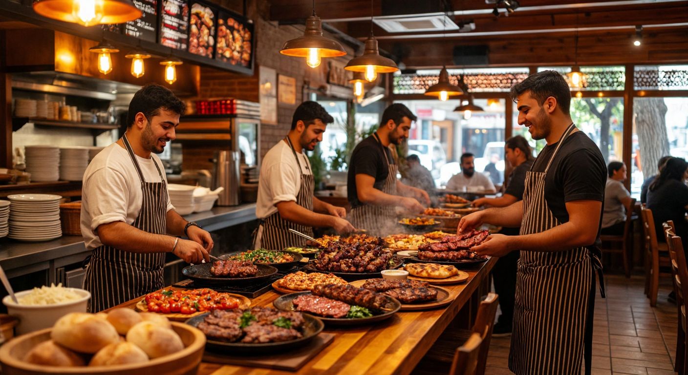 A bustling Turkish kebab restaurant with warm lighting, wooden tables filled with sizzling kebabs and fresh bread, and smiling waiters in traditional aprons serving guests, with no alcoholic beverages in sight.