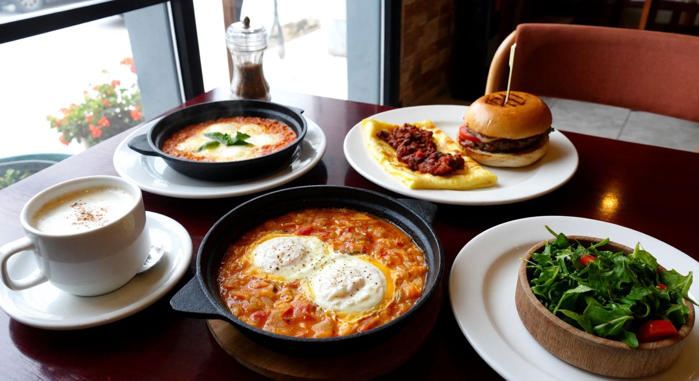 A cozy café table in Turkey is set with a colorful breakfast spread featuring menemen, white cheese omelet, and a classic Baca Burger, alongside a steaming cup of salep and a bowl of creamy fırın sütlaç.