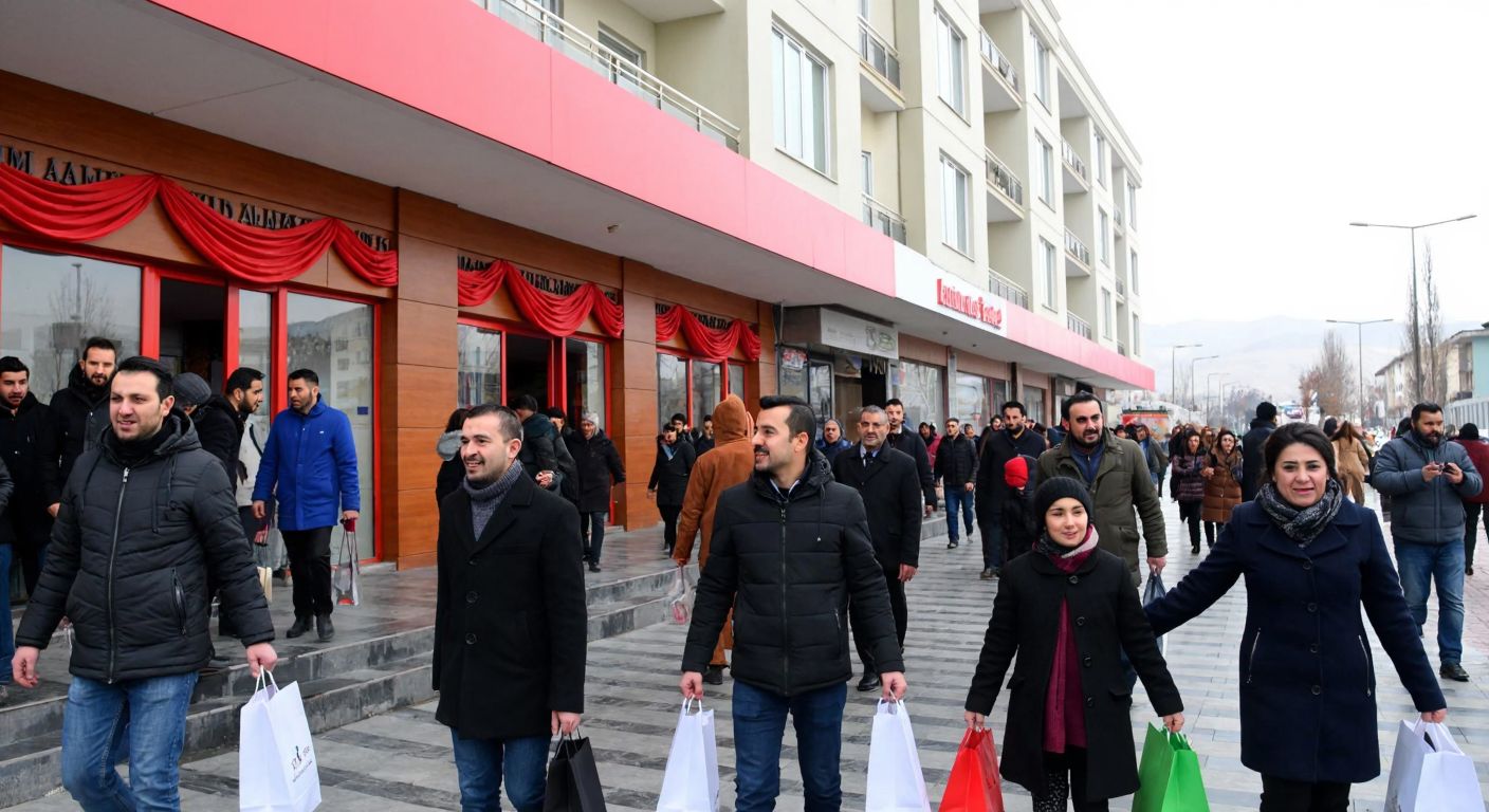 A bustling street in Elazığ with a newly constructed building draped in red ribbon, surrounded by eager locals in winter clothing, holding shopping bags and smiling in anticipation.