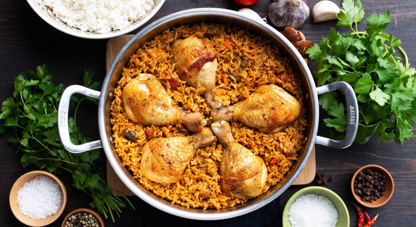 A steaming pot of fragrant rice pilaf with golden-brown pieces of tender chicken mixed in, surrounded by fresh herbs and spices on a rustic wooden table in a Turkish kitchen.
