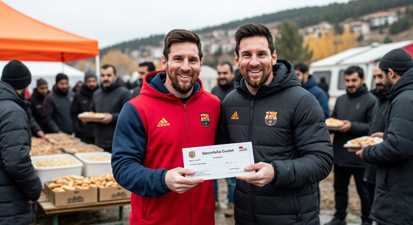 A smiling Lionel Messi handing a large symbolic check to grateful earthquake survivors in Turkey, with a backdrop of a relief camp and volunteers distributing warm meals.