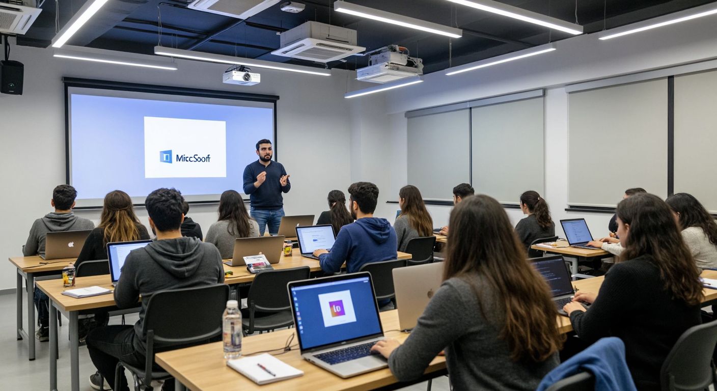 A modern classroom in Turkey with diverse students attentively working on laptops, while an instructor in business casual attire demonstrates coding on a projected screen, surrounded by logos of Microsoft, Cisco, and Adobe.