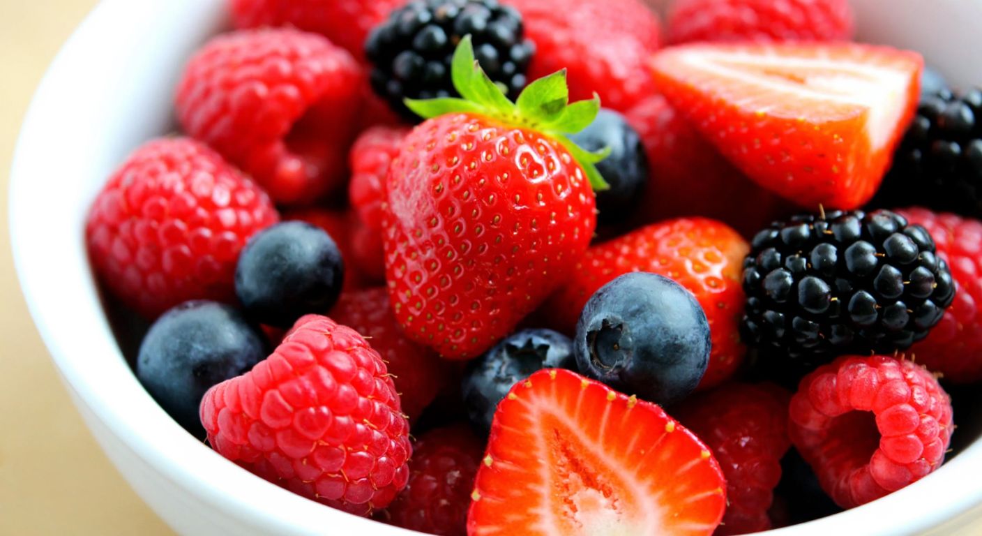 A vibrant bowl overflowing with fresh strawberries, raspberries, blueberries, and blackberries, their glossy surfaces glistening under warm light, evoking a sweet and refreshing aroma.