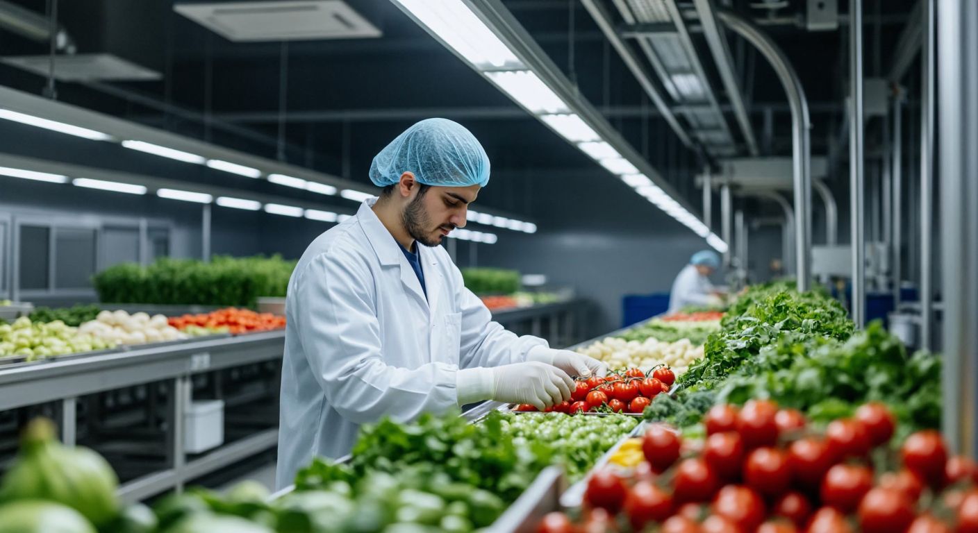 A Turkish food factory worker in a white coat and hairnet carefully inspecting fresh produce on a conveyor belt under bright, clean lighting, symbolizing quality and safety standards.