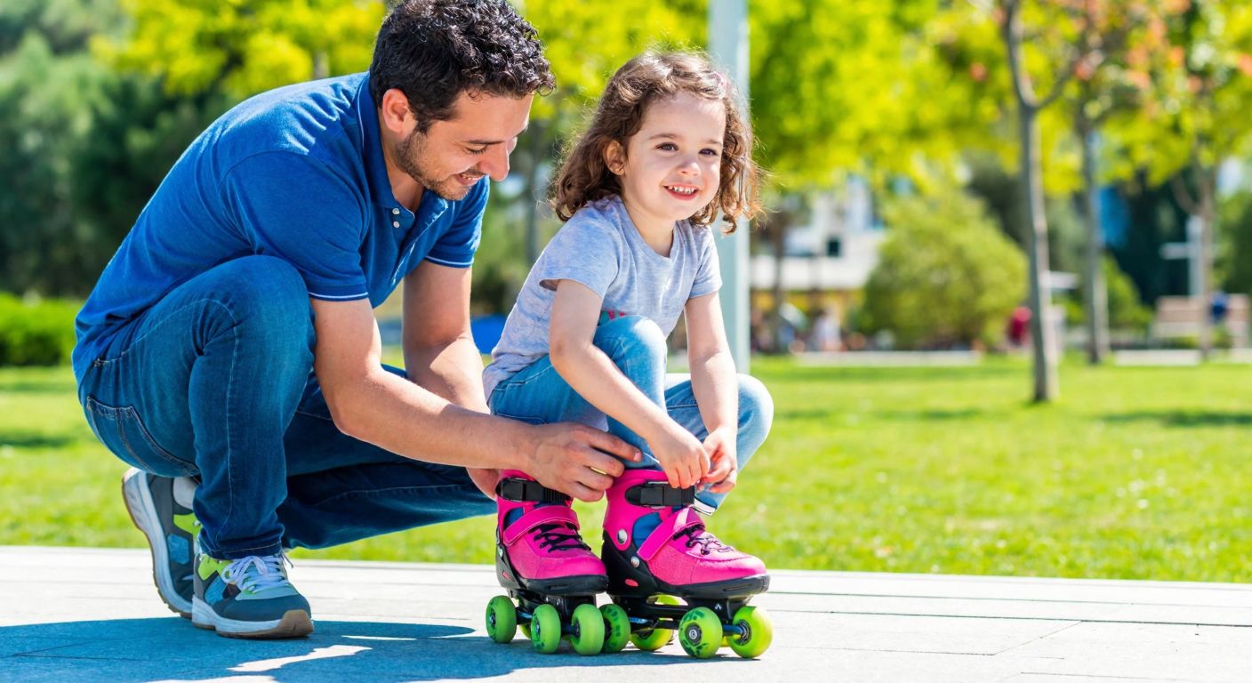 A smiling young child, around 5-6 years old, wearing bright roller skates in a sunny park in Turkey, with a parent kneeling beside them, adjusting the skates with a proud expression.