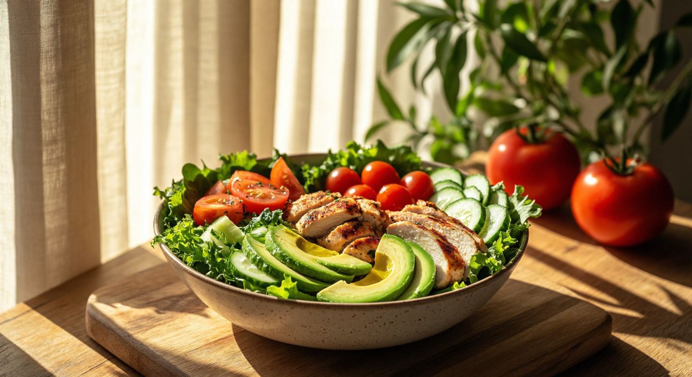 A vibrant Turkish lunch spread featuring a colorful salad bowl filled with fresh greens, cherry tomatoes, cucumbers, avocado slices, grilled chicken, and a drizzle of olive oil, placed beside a rustic wooden table with a backdrop of warm sunlight filtering through sheer curtains.