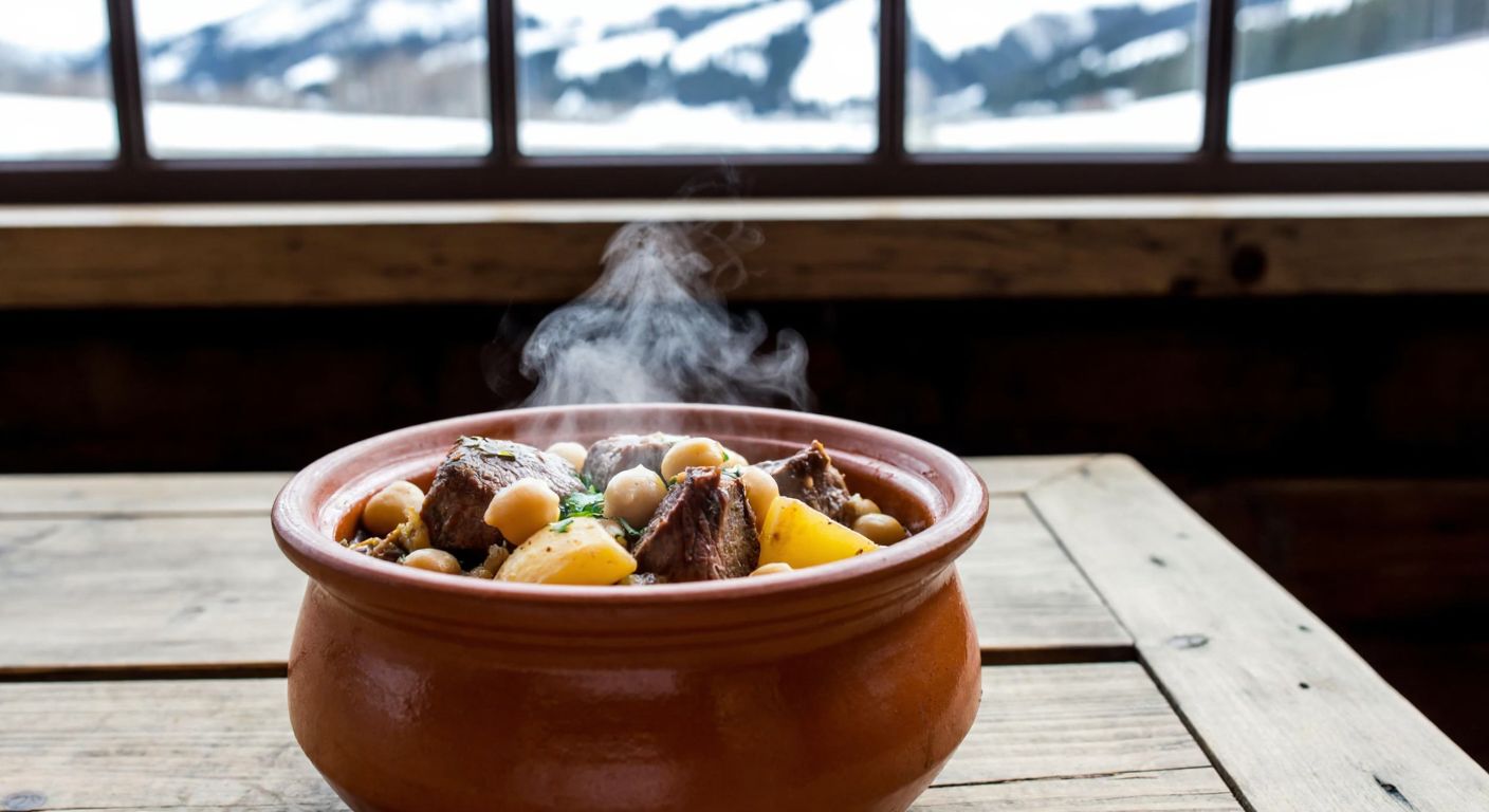 A steaming clay pot of piti kebab, filled with tender lamb, chickpeas, and potatoes, sits on a rustic wooden table in a cozy Kars home, with snow-capped mountains visible through the window.