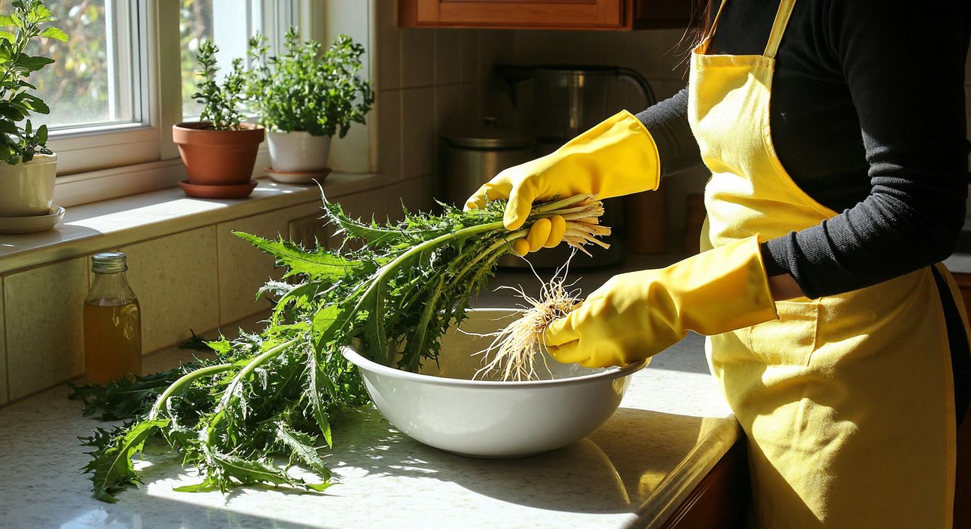 A Turkish woman wearing yellow kitchen gloves carefully separates the spiky green leaves and pale roots of şevketi bostan over a bowl of vinegary water on a sunlit countertop.