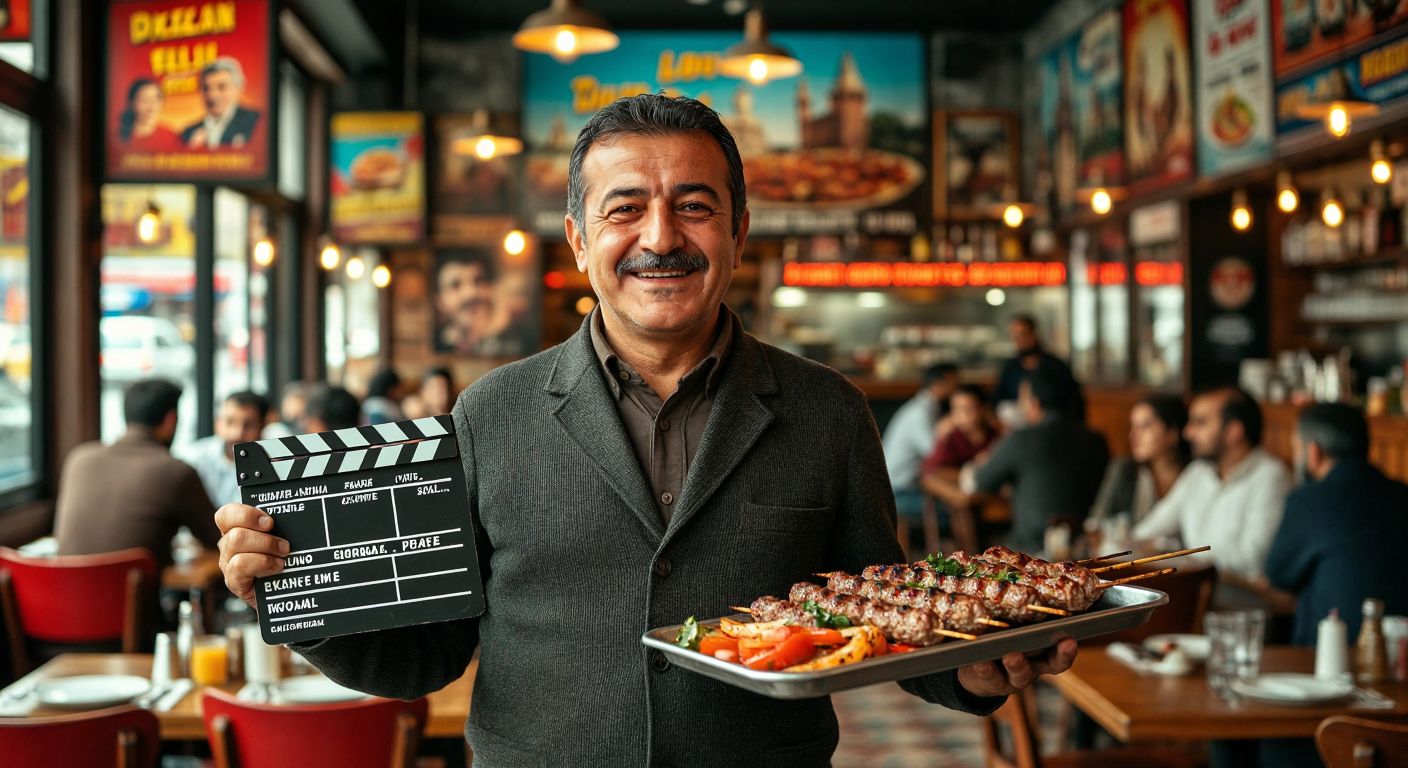 A middle-aged Turkish man with a warm smile stands confidently in a bustling Istanbul restaurant, holding a film clapperboard in one hand and a tray of steaming kebabs in the other, surrounded by vintage movie posters and the lively chatter of diners.