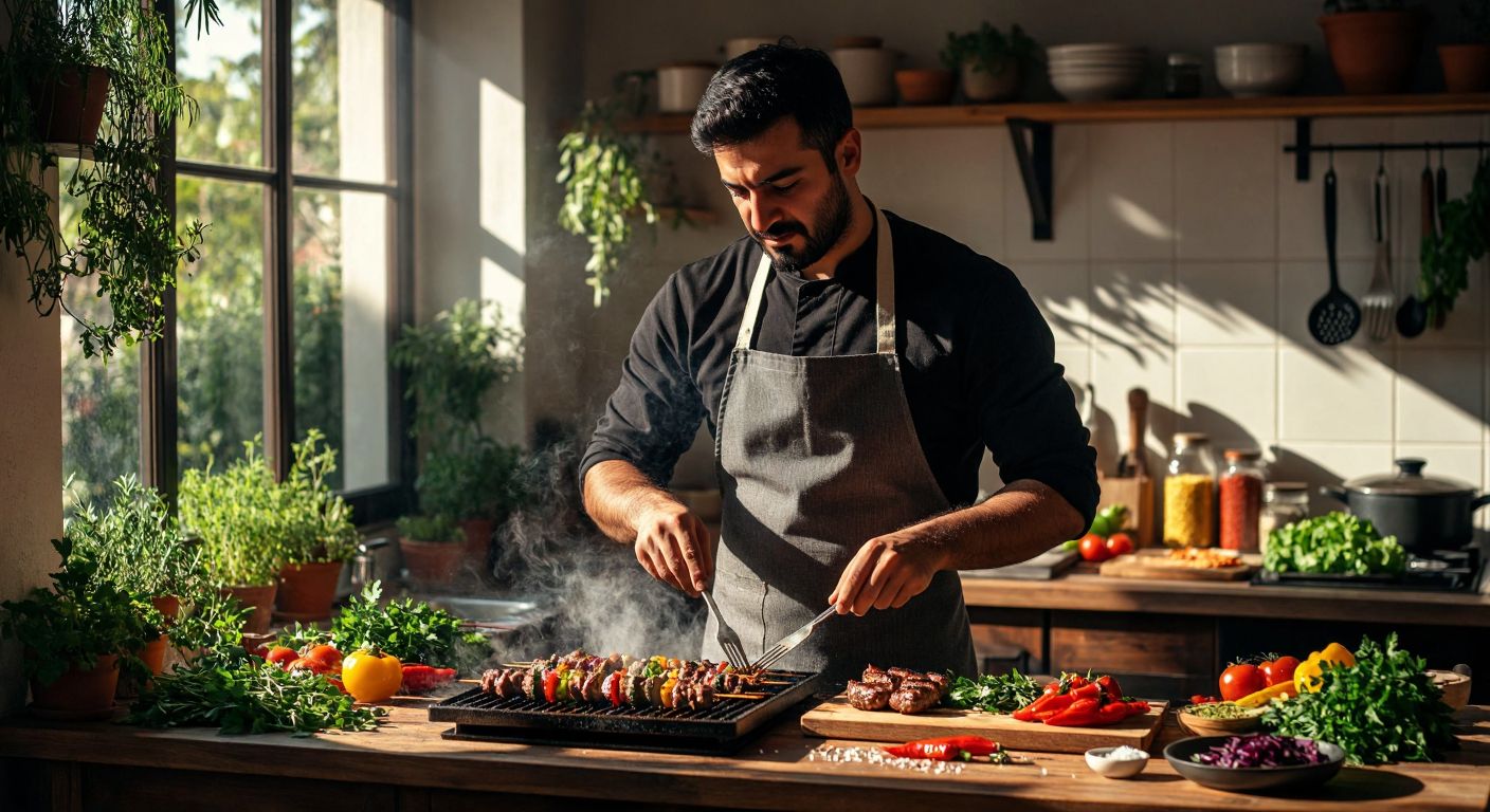A confident Turkish man in a sunlit kitchen, wearing an apron, grilling colorful kebabs with focused precision while fresh herbs and vibrant spices are scattered on a wooden counter.