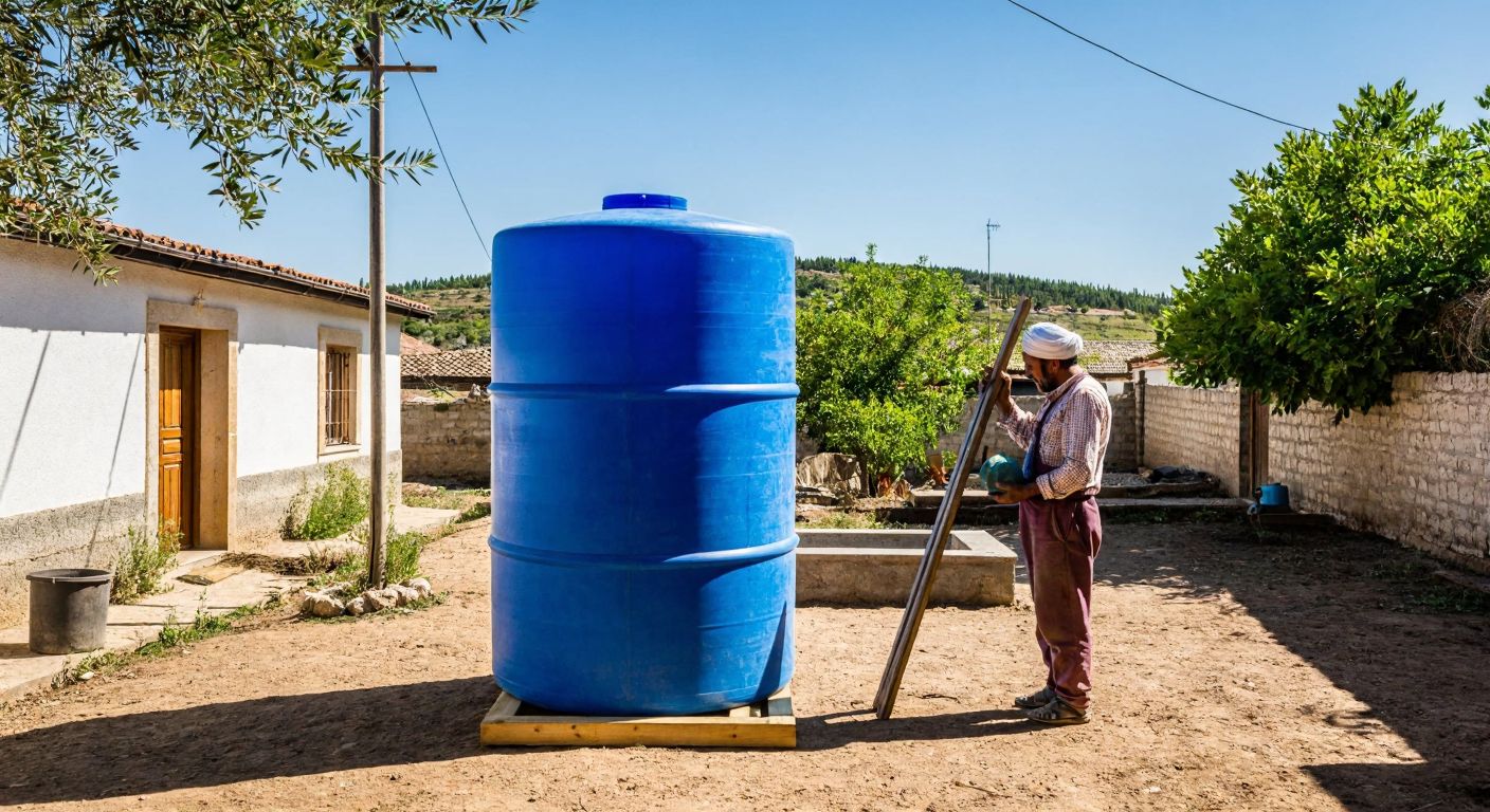 A large blue plastic water tank standing in a sunny Turkish village courtyard, with a farmer in traditional clothing checking its dimensions using a wooden measuring stick.