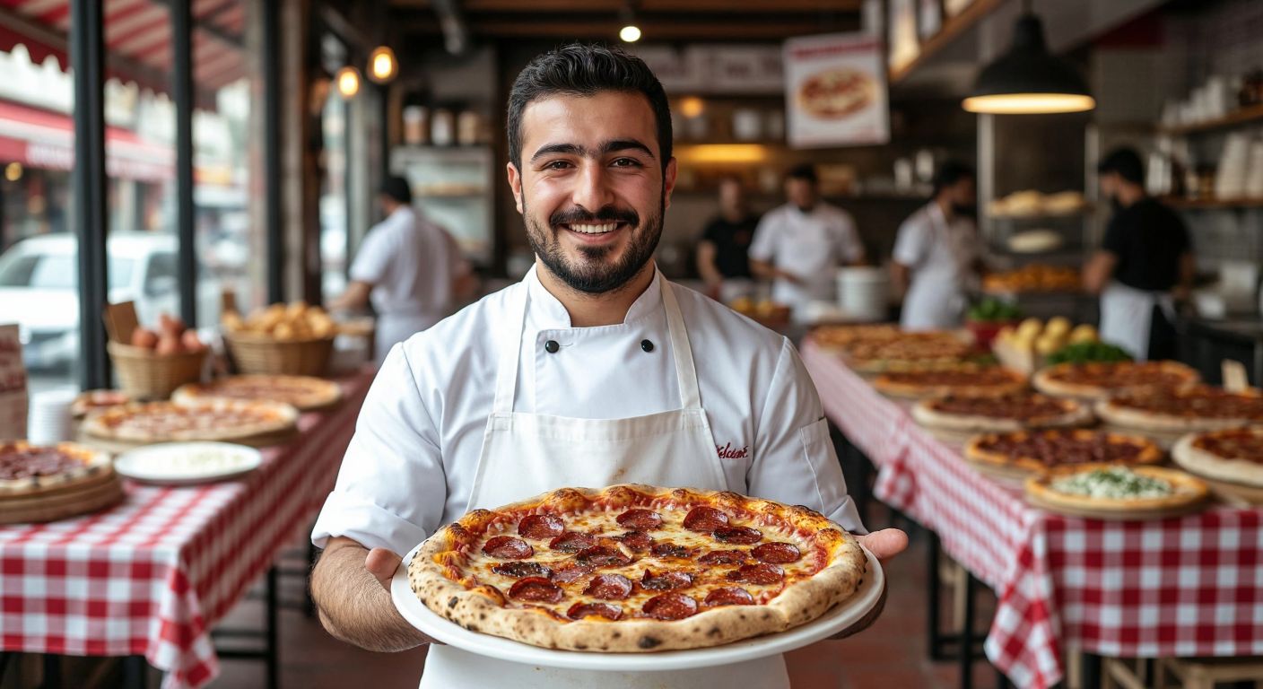 A cheerful Turkish chef in a white apron proudly holding a steaming, golden-crusted pizza topped with local ingredients like sucuk and kasar cheese, standing in front of a bustling pizzeria with red-and-white checkered tablecloths.