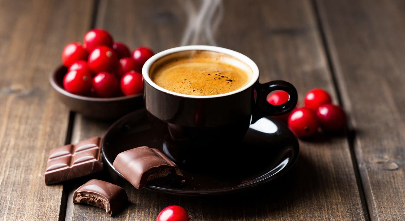 A steaming cup of espresso with a rich, dark crema, surrounded by fresh red berries and a piece of milk chocolate on a rustic wooden table in a cozy Turkish café.