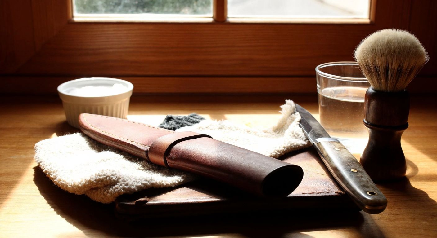A weathered Turkish leather knife sheath rests on a wooden table beside a soft brush, a damp cloth, and a small bowl of soapy water, with warm sunlight streaming through a nearby window.