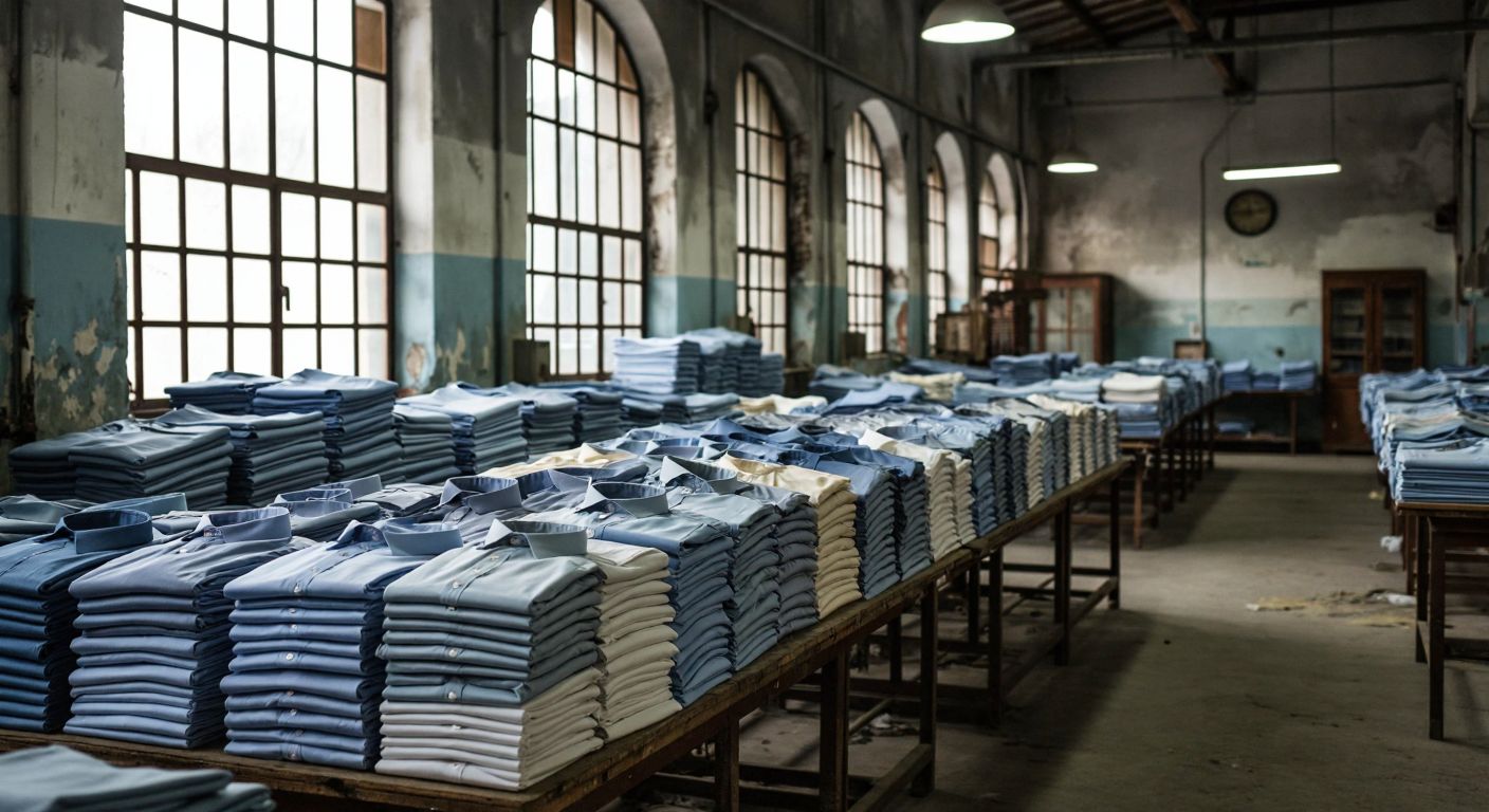 A weathered textile factory in Bilecik with stacks of folded dress shirts under dim light, evoking nostalgia for a once-thriving Turkish brand.