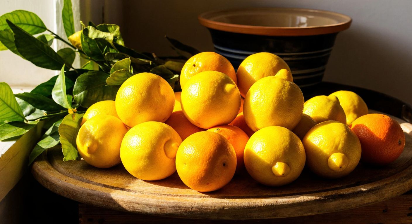 A vibrant wooden table in a sunlit Turkish kitchen, piled with bright yellow lemons and deep orange oranges, their glossy skins reflecting light, surrounded by green leaves and a rustic ceramic bowl.