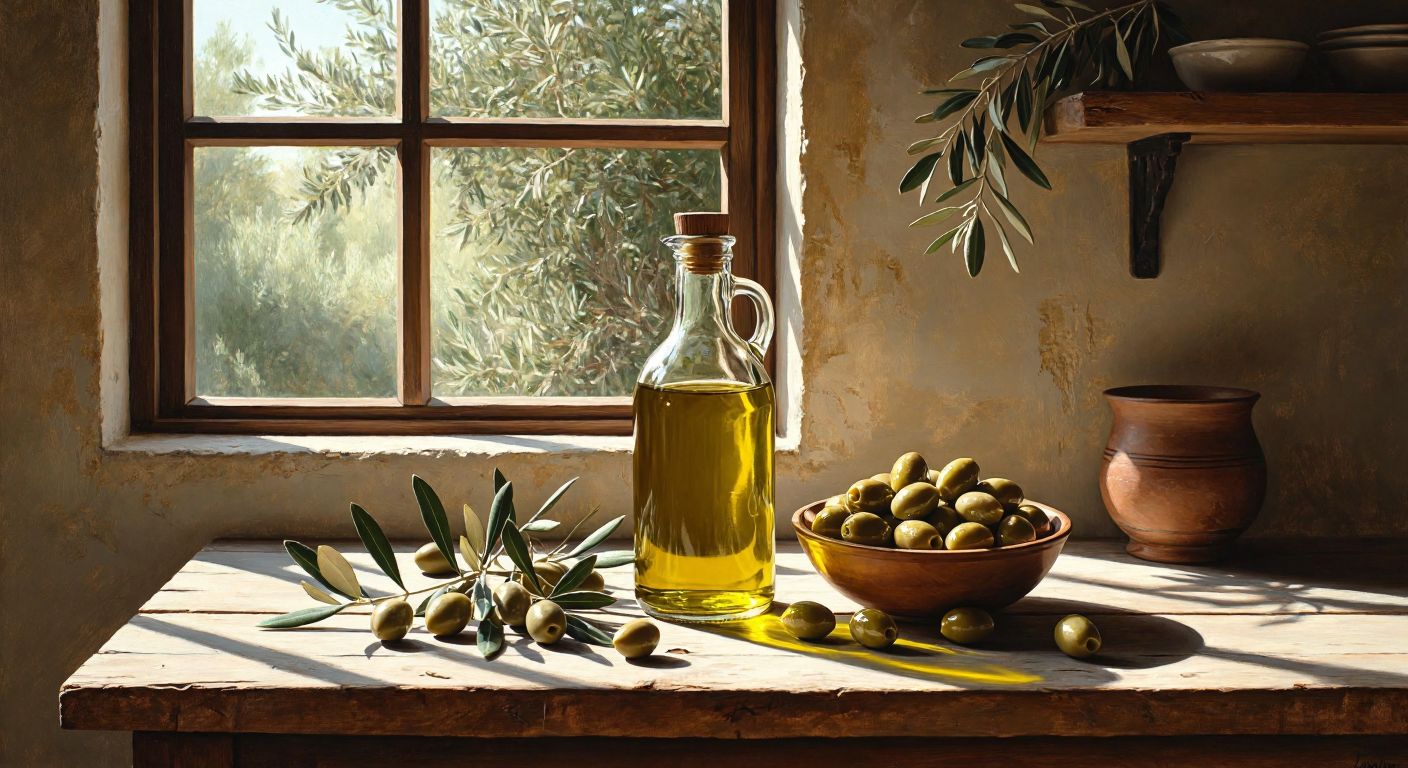 A rustic wooden table in a sunlit Turkish kitchen holds a glass bottle of golden-green olive oil next to a bowl of fresh olives and a sprig of olive leaves.
