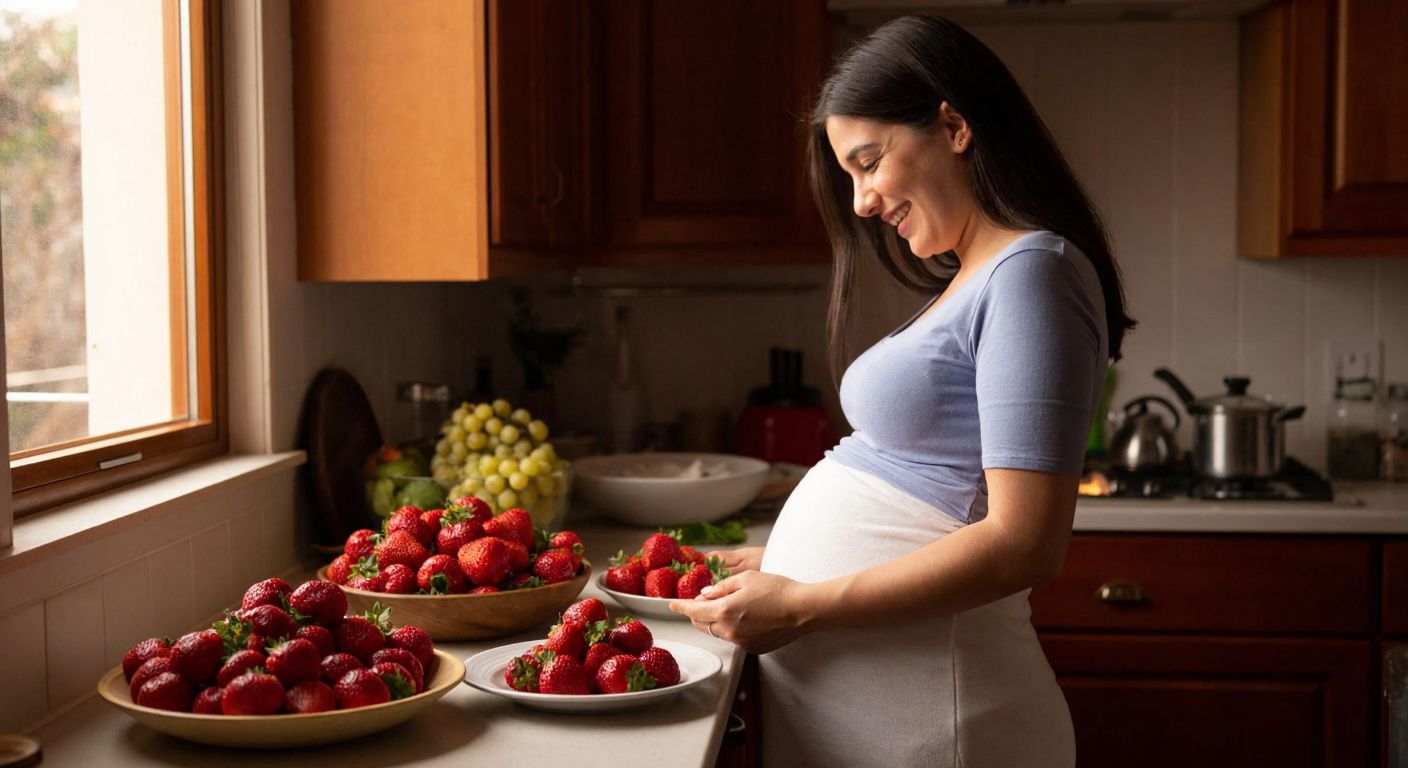 A pregnant woman in a cozy Turkish kitchen, smiling warmly as she eagerly reaches for a plate of fresh, juicy strawberries while a bowl of pickles sits nearby.