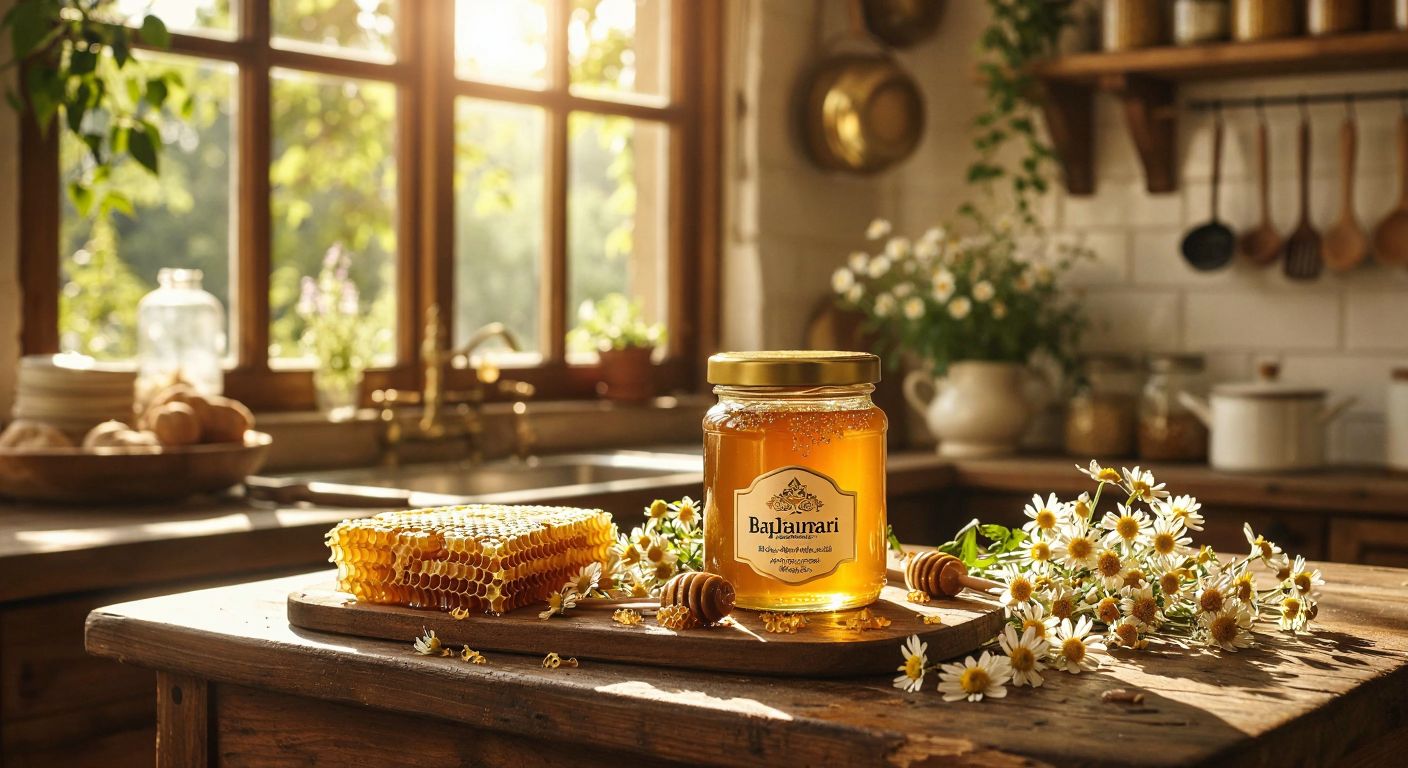 A golden jar of Balpınarı honey sits on a wooden table in a sunlit Turkish kitchen, surrounded by fresh honeycomb and wildflowers, with a lab-certified seal subtly visible in the background.