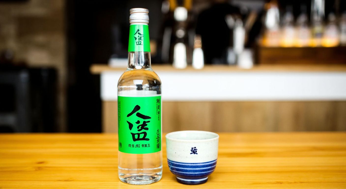 A clear glass bottle of soju with a green label, placed on a wooden table beside a small traditional Korean drinking cup, with a blurred background of a cozy bar setting.
