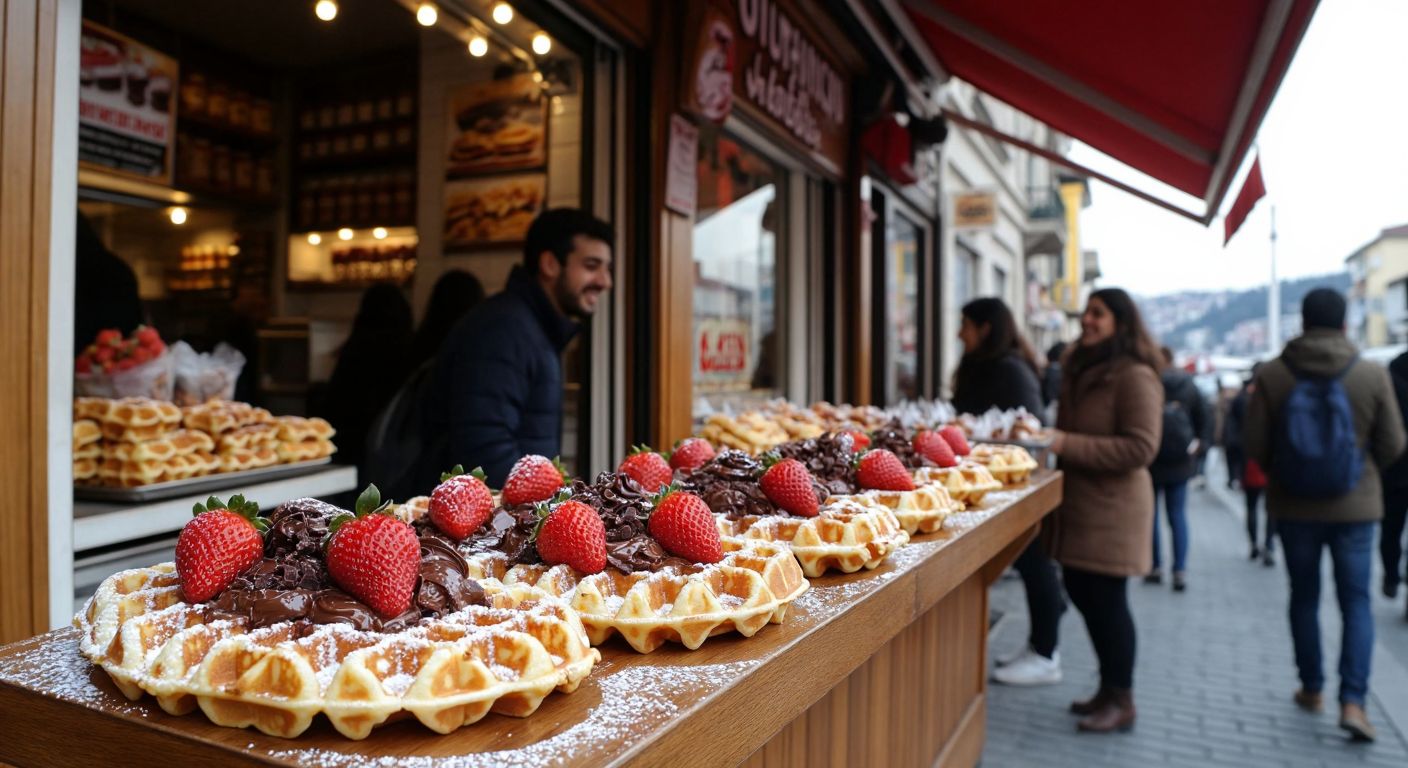 A bustling street in Ortaköy with a cozy waffle shop displaying golden, crispy waffles topped with Nutella, strawberries, and powdered sugar, surrounded by smiling locals and tourists enjoying the treat.