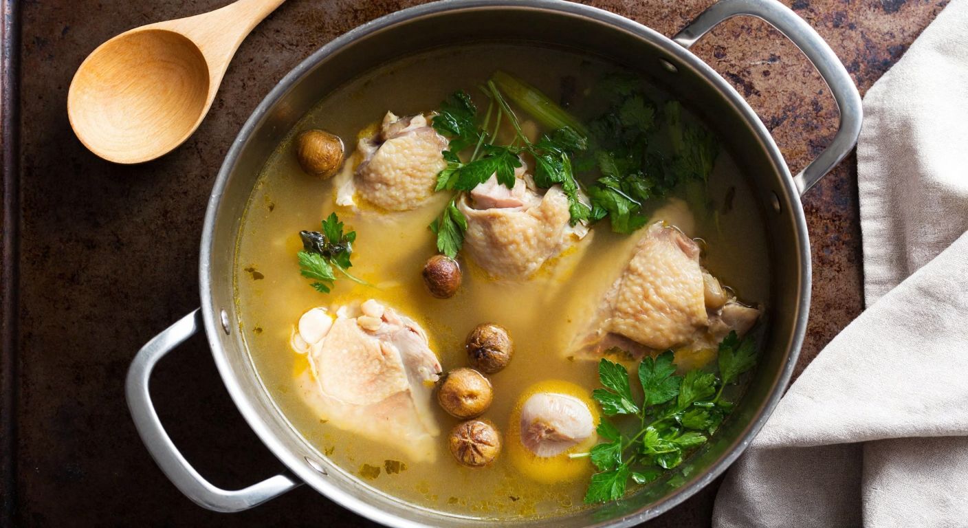 A steaming pot of golden chicken broth with whole cloves floating among tender meat and fresh herbs, set on a rustic Turkish kitchen counter with a wooden spoon resting nearby.