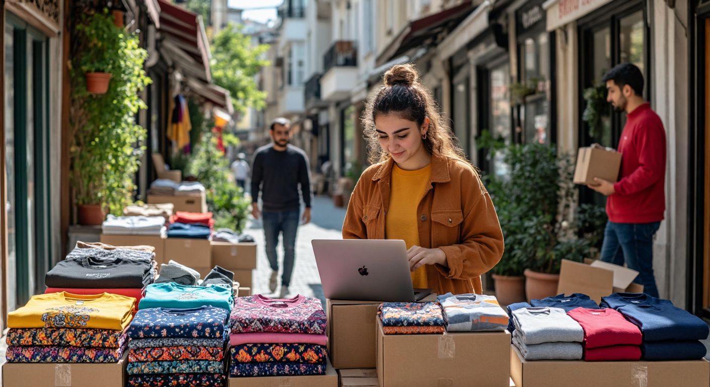 A vibrant Turkish marketplace scene with a young entrepreneur examining colorful subscription boxes, neatly packaged clothing with unique designs, and digital course materials on a laptop, while a delivery person carries a dropshipping package, all under a sunny sky.