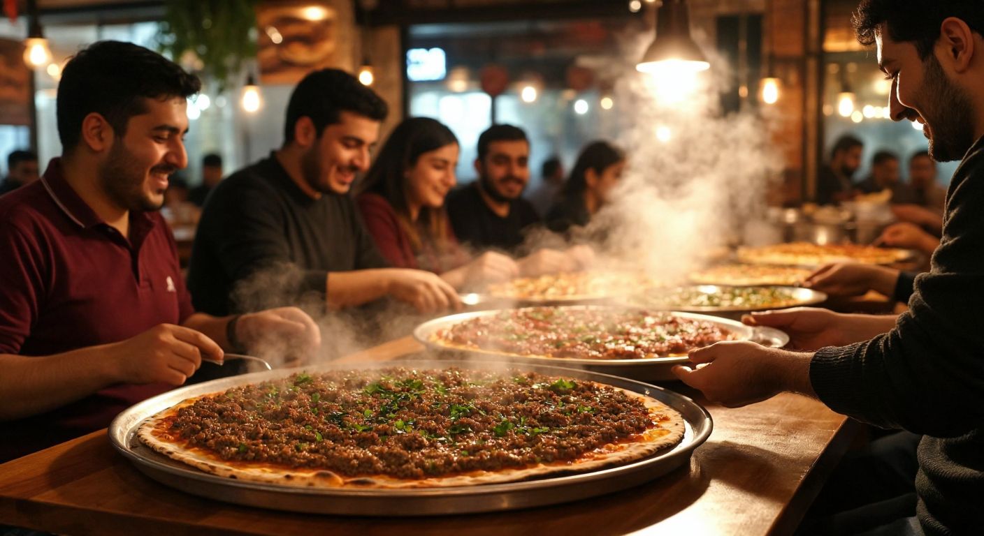 A bustling Gaziantep eatery with a warm, golden glow, where a steaming tray of freshly baked lahmacun topped with minced meat and herbs is being served to a smiling group of diners seated at a wooden table.