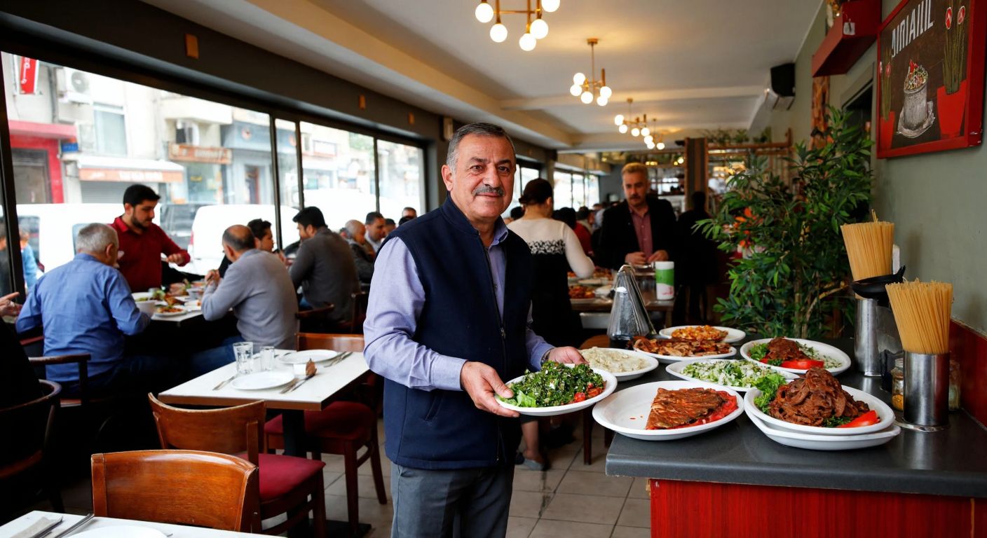 A bustling Turkish restaurant in Ankara's Küçükesat district, with a middle-aged man (İsa Özçelik) warmly greeting customers amid steaming plates of döner and vibrant salads.