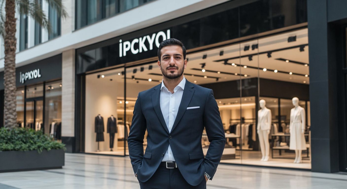 A well-dressed Turkish businessman in a sleek suit stands confidently in front of a modern shopping mall, with the İpekyol storefront visible behind him, symbolizing ownership and fashion.