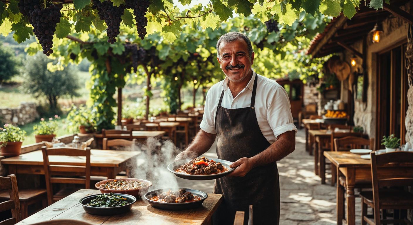 A warm, rustic countryside restaurant in Turkey with wooden tables, a middle-aged man with a friendly smile (Hüseyin Şahin) serving a steaming plate of traditional Anatolian stew to guests under the shade of grapevines.