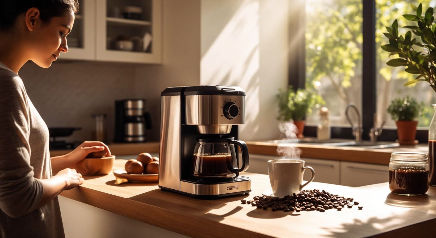 A compact stainless steel coffee maker sits on a wooden kitchen counter in a sunlit Turkish home, with freshly ground coffee beans nearby and a steaming cup of Turkish coffee, while a person inspects the machine with a thoughtful expression.