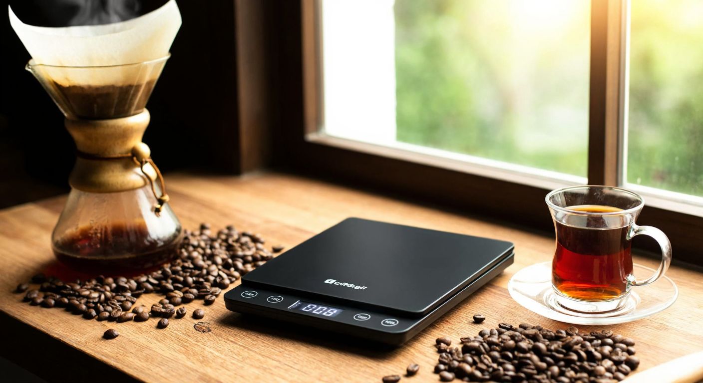 A sleek digital coffee scale with a heat-resistant surface sits on a wooden countertop, surrounded by freshly ground coffee beans, a pour-over dripper, and a steaming cup of Turkish coffee, with warm sunlight filtering through a nearby window.