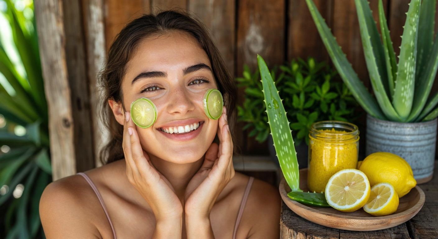 A smiling Turkish woman with sun-kissed skin gently applies fresh aloe vera gel to her cheeks while a bowl of sliced lemons and a jar of golden turmeric sit beside her on a rustic wooden table.