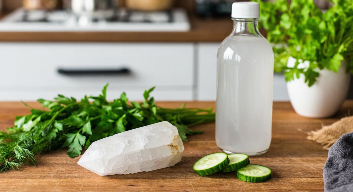A clear glass bottle of white vinegar and a polished white quartz crystal resting on a wooden kitchen counter, with fresh herbs and sliced cucumbers nearby, evoking natural cleaning and wellness.
